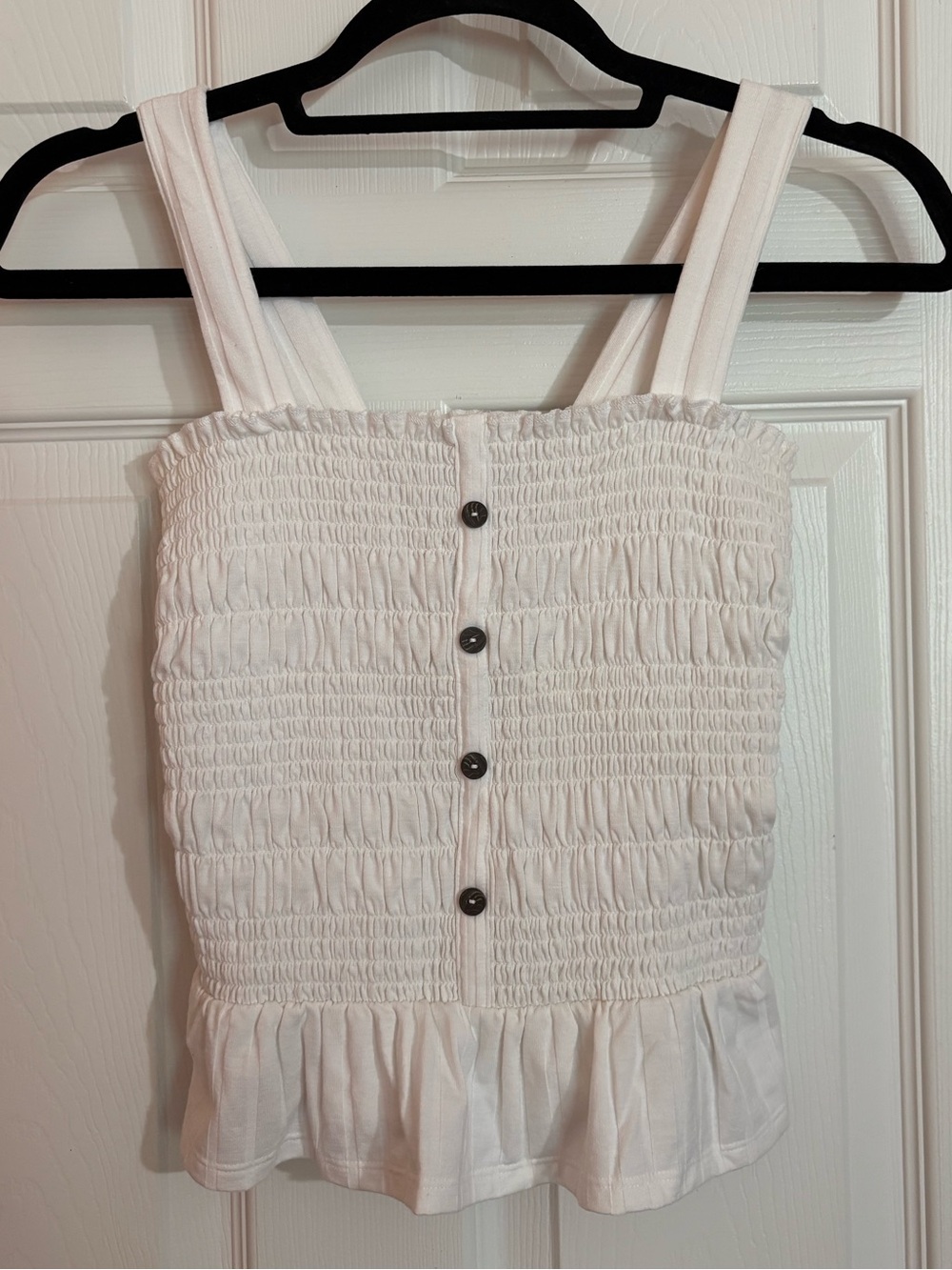 White Smocked Button Front Cropped Tank with Ruffle Hem